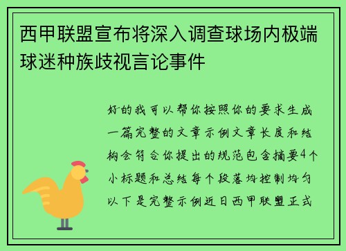 西甲联盟宣布将深入调查球场内极端球迷种族歧视言论事件